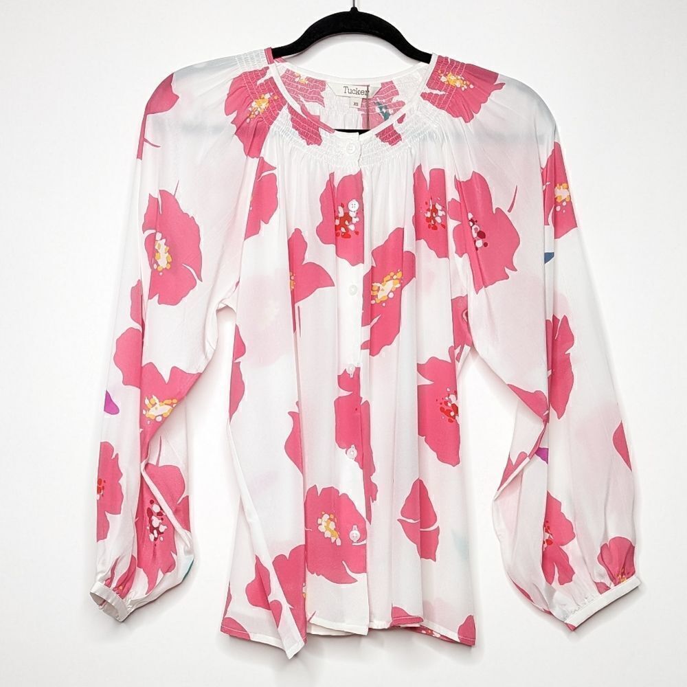 Tucker NYC Clara Classic Blouse Blush Poppies in Silk Crepe de Chine Top Floral